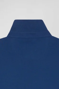 Slim dark blue long-sleeved cotton piqué polo shirt
