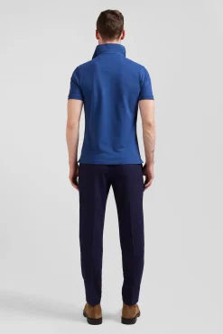 Slim dark blue short-sleeved stretch cotton polo shirt