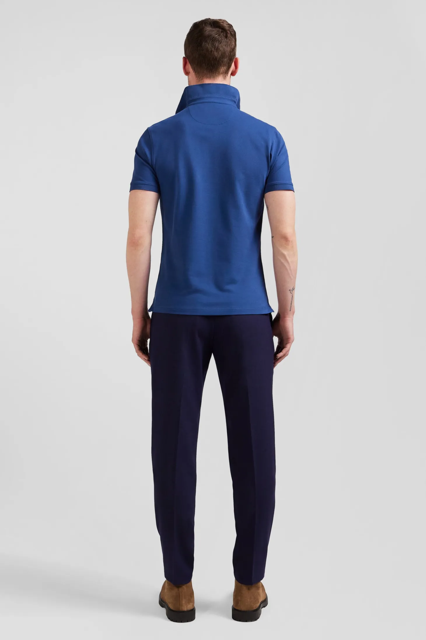 Slim dark blue short-sleeved stretch cotton polo shirt