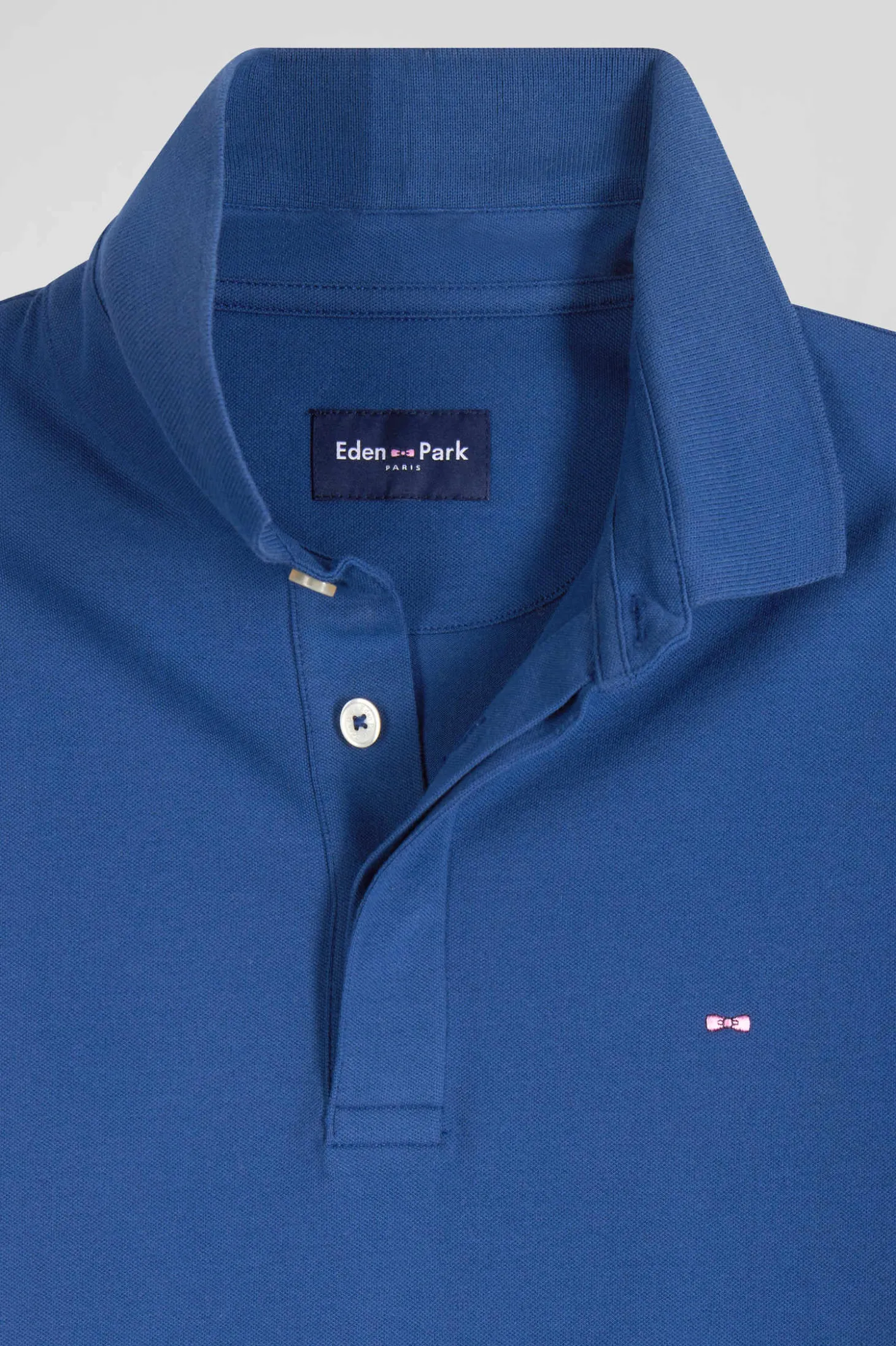 Slim dark blue short-sleeved stretch cotton polo shirt