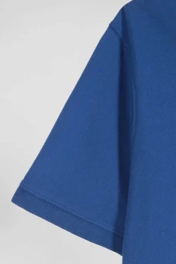 Slim dark blue short-sleeved stretch cotton polo shirt