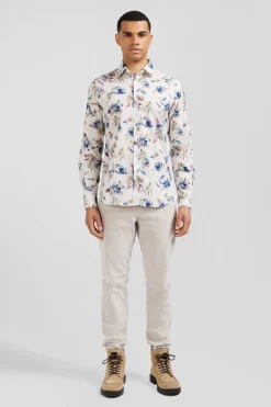 Slim ecru floral print cotton shirt