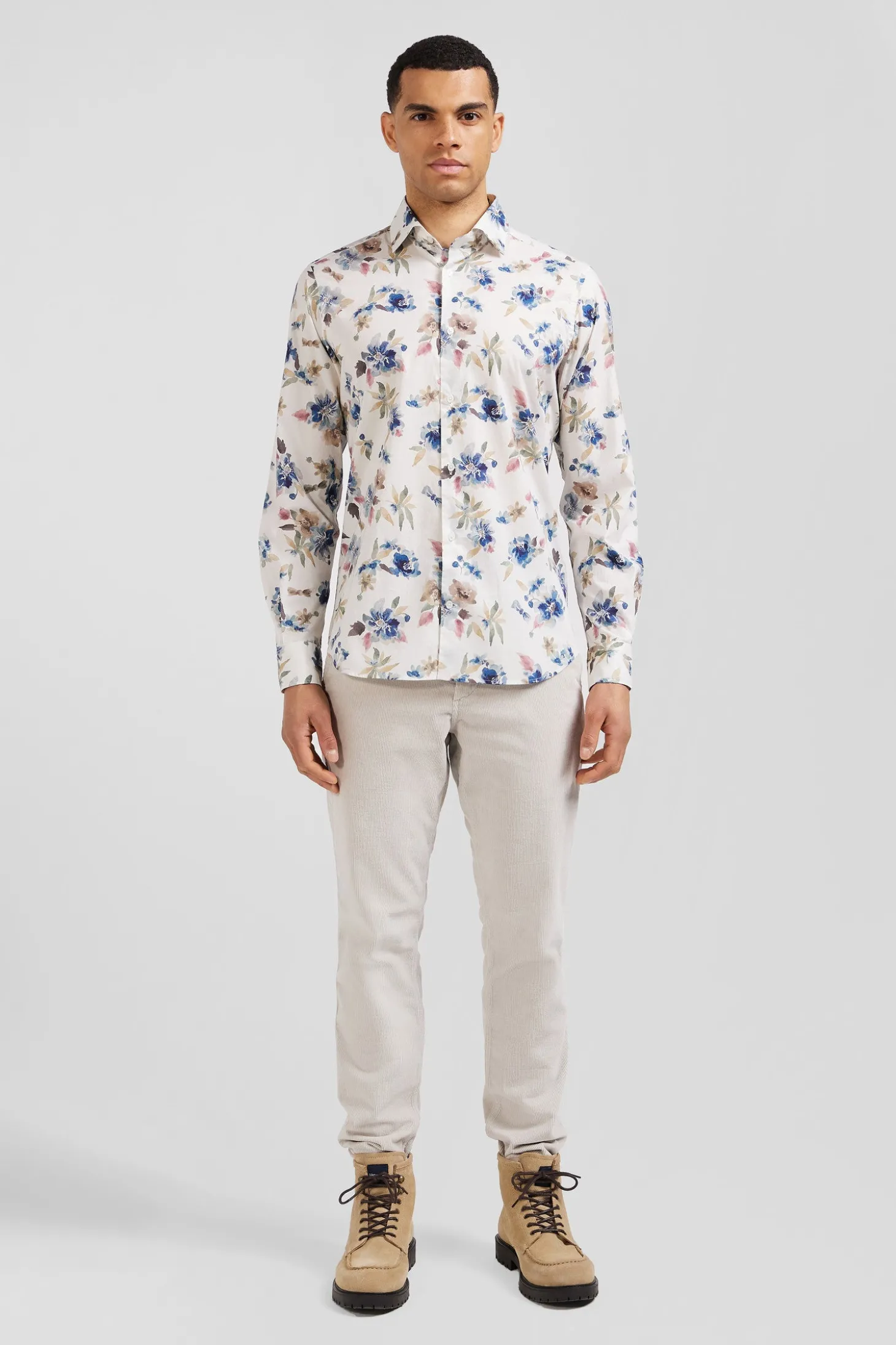 Slim ecru floral print cotton shirt