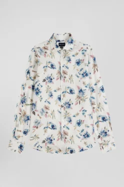 Slim ecru floral print cotton shirt