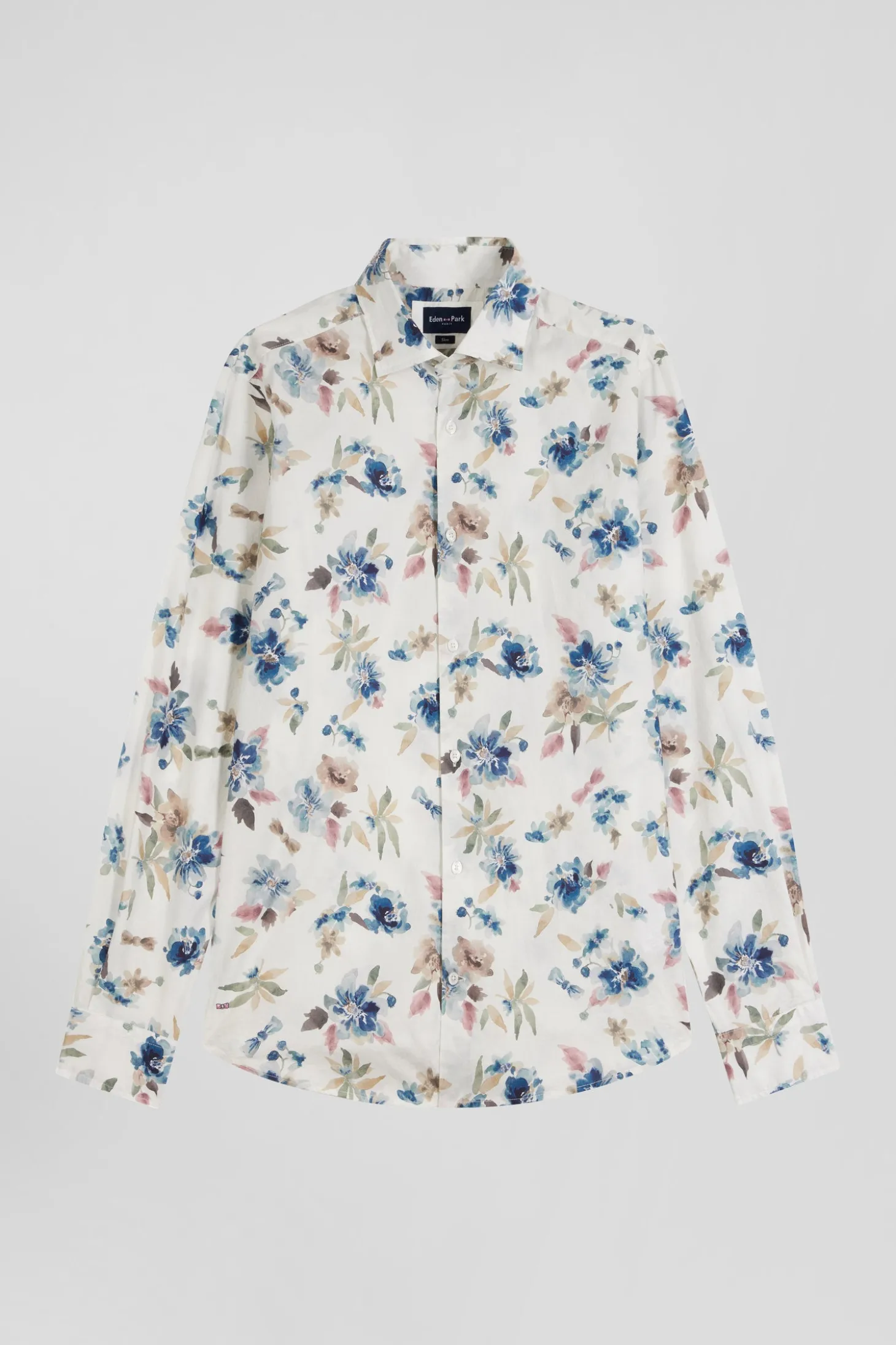 Slim ecru floral print cotton shirt