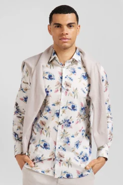Slim ecru floral print cotton shirt