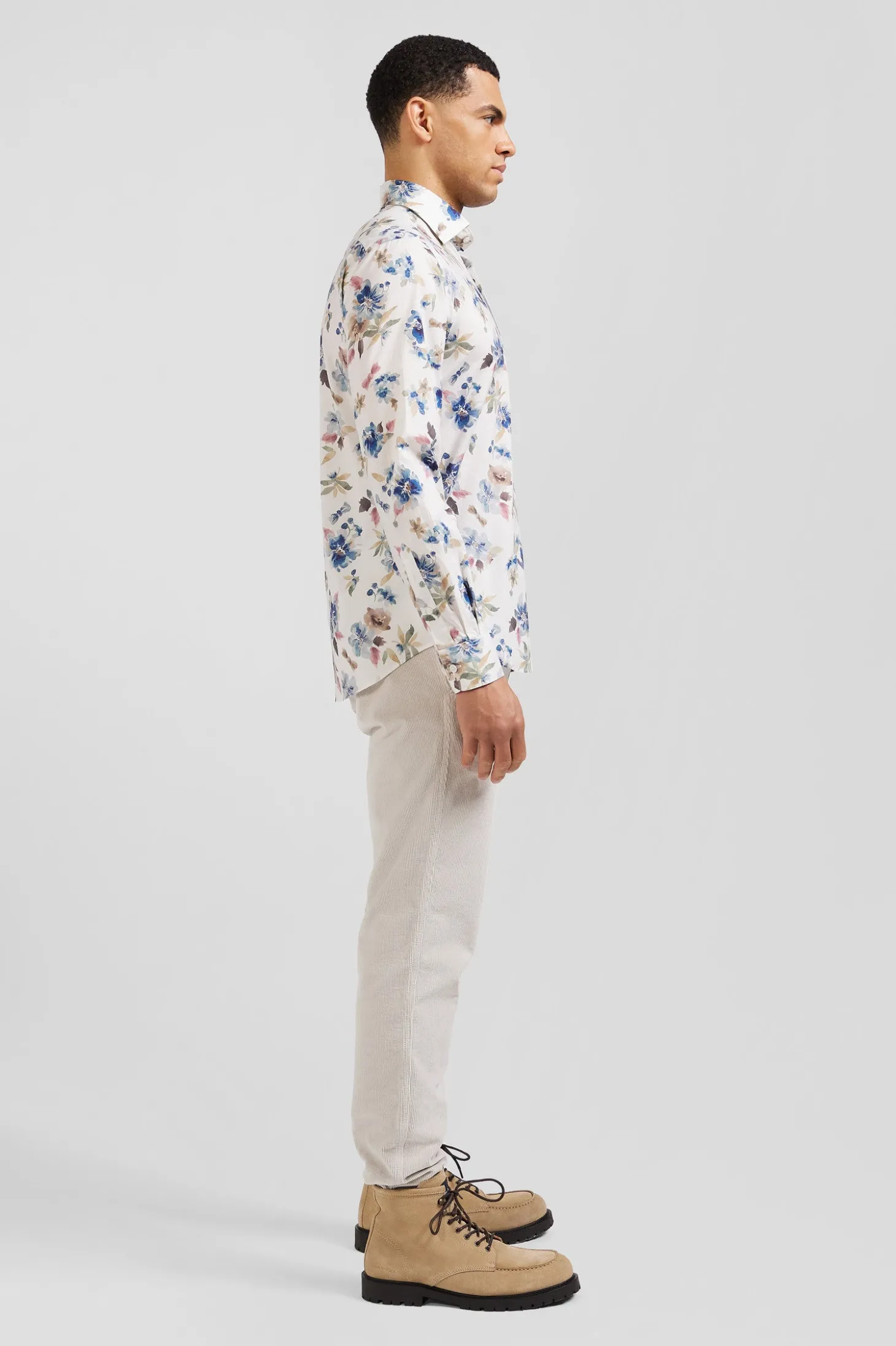 Slim ecru floral print cotton shirt