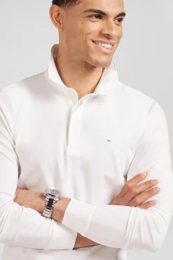 Slim ecru long-sleeved cotton piqué polo shirt