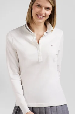 Slim ecru long-sleeved stretch cotton polo shirt with striped collar