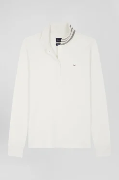 Slim ecru long-sleeved stretch cotton polo shirt with striped collar