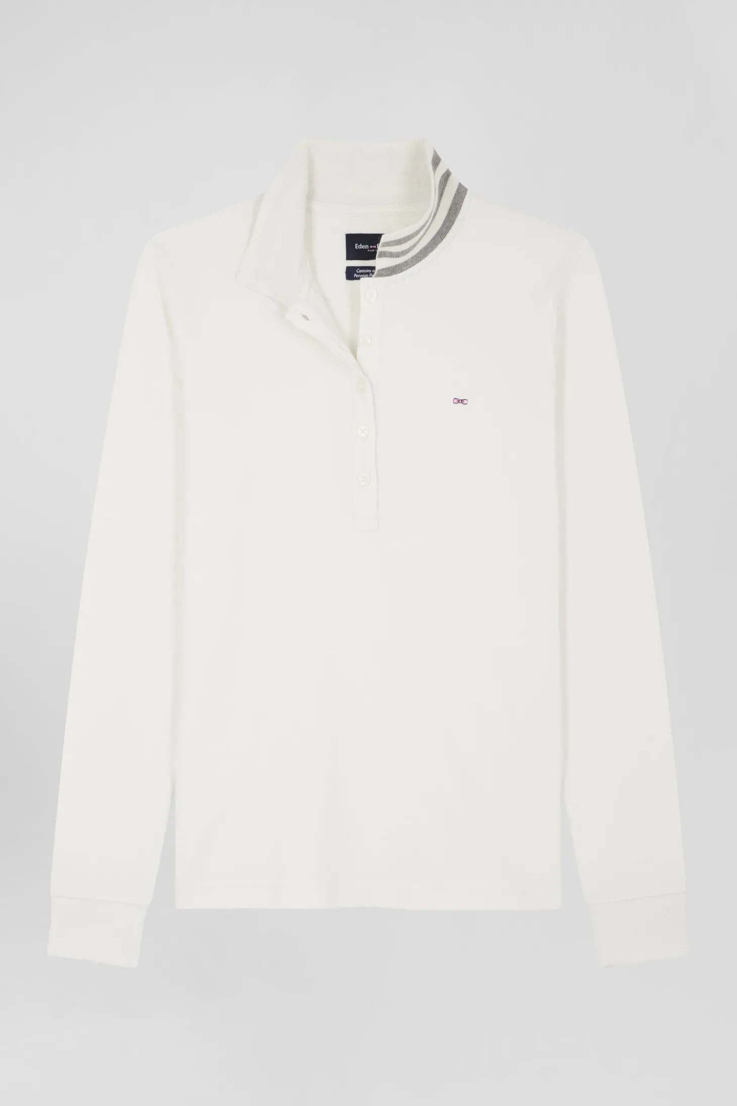 Slim ecru long-sleeved stretch cotton polo shirt with striped collar