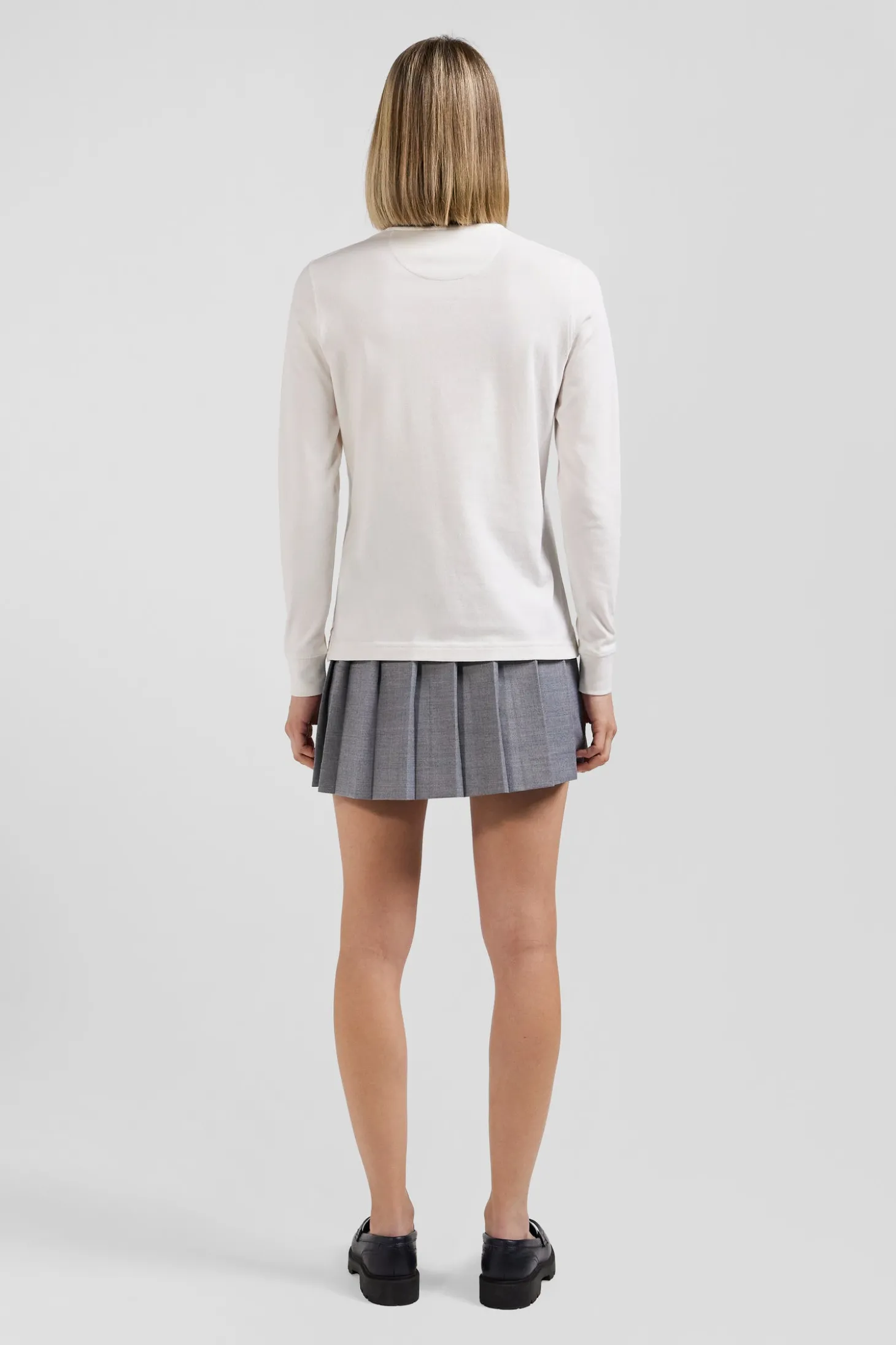 Slim ecru long-sleeved stretch cotton polo shirt with striped collar