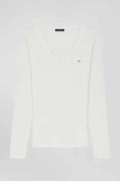 Slim ecru long-sleeved V-neck cotton T-shirt