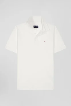 Slim ecru short-sleeved stretch cotton polo shirt