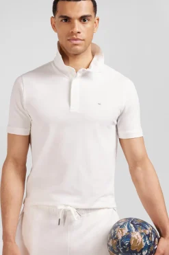 Slim ecru short-sleeved stretch cotton polo shirt