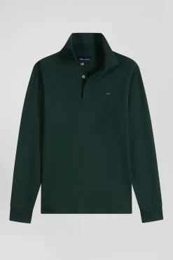 Slim green long-sleeved cotton piqué polo shirt