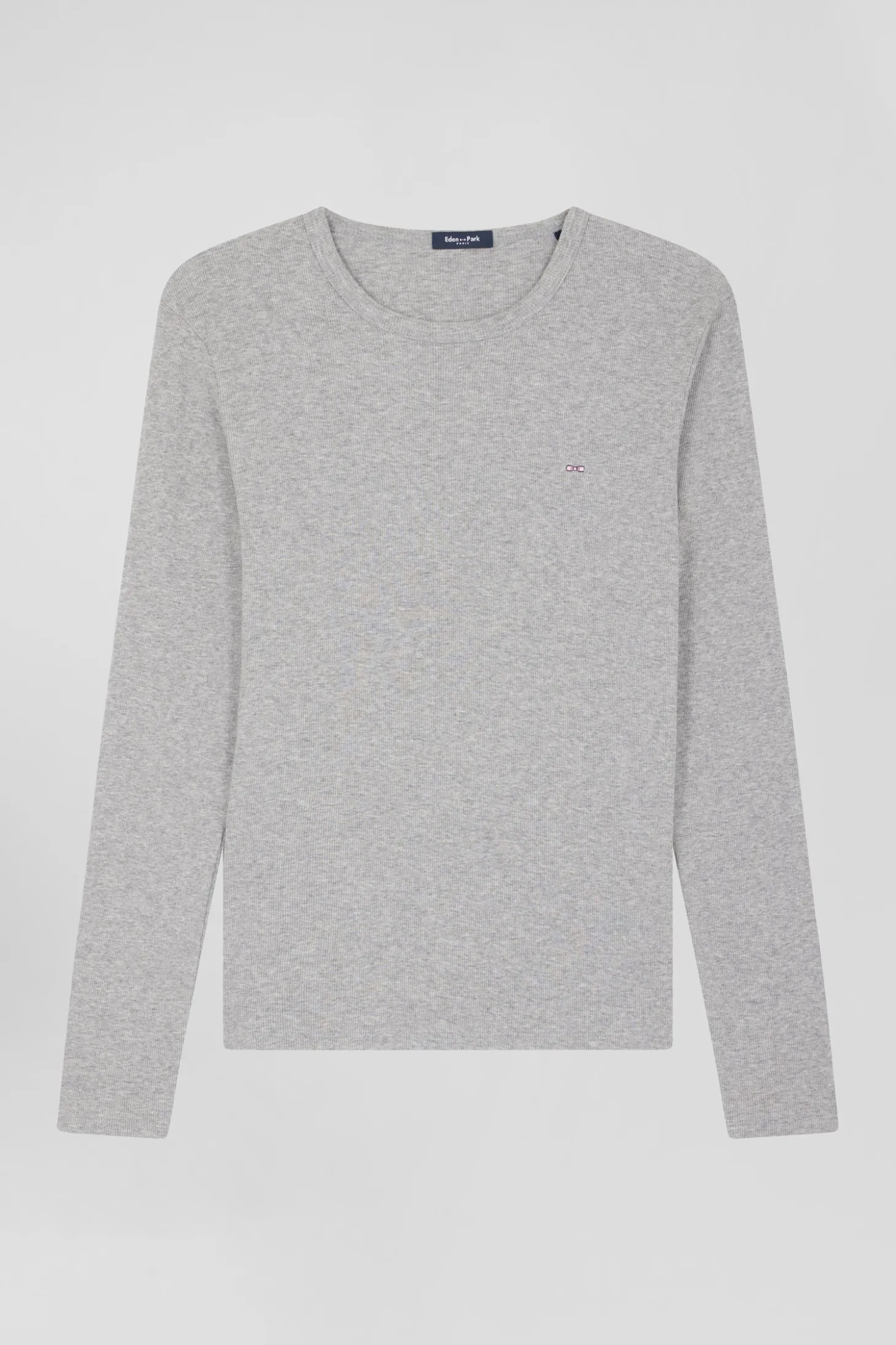 Slim grey long-sleeved round neck cotton T-shirt