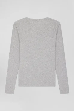 Slim grey long-sleeved round neck cotton T-shirt