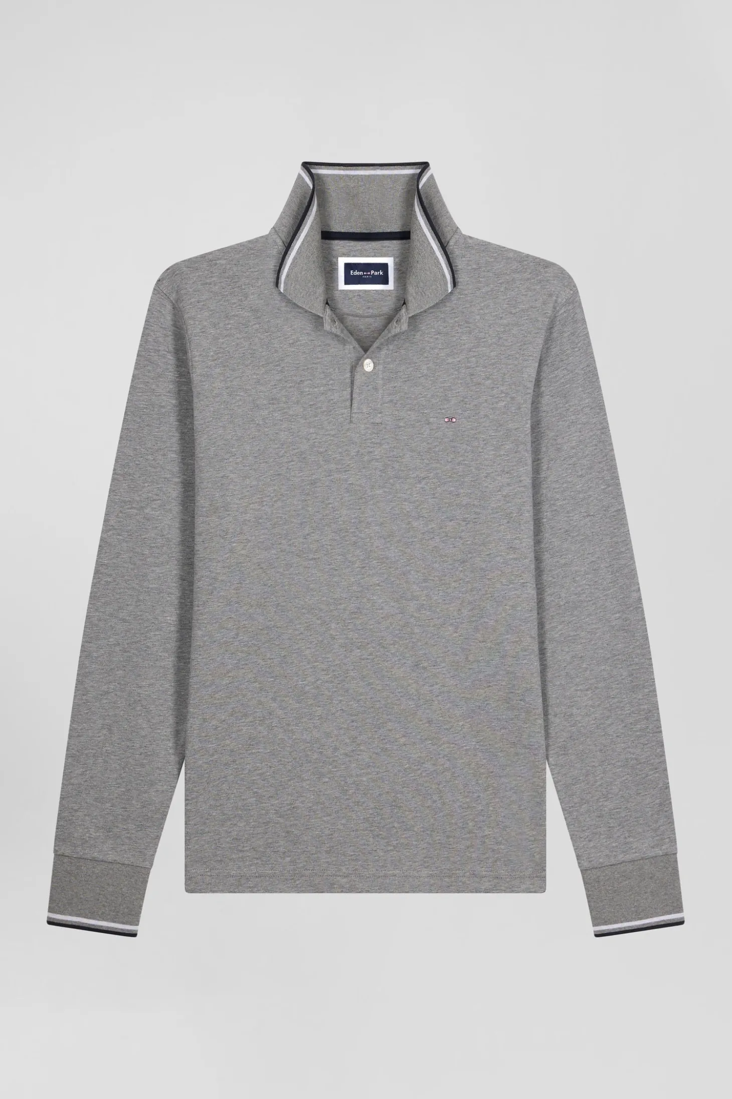 Slim grey long-sleeved stretch cotton polo shirt with striped finishes
