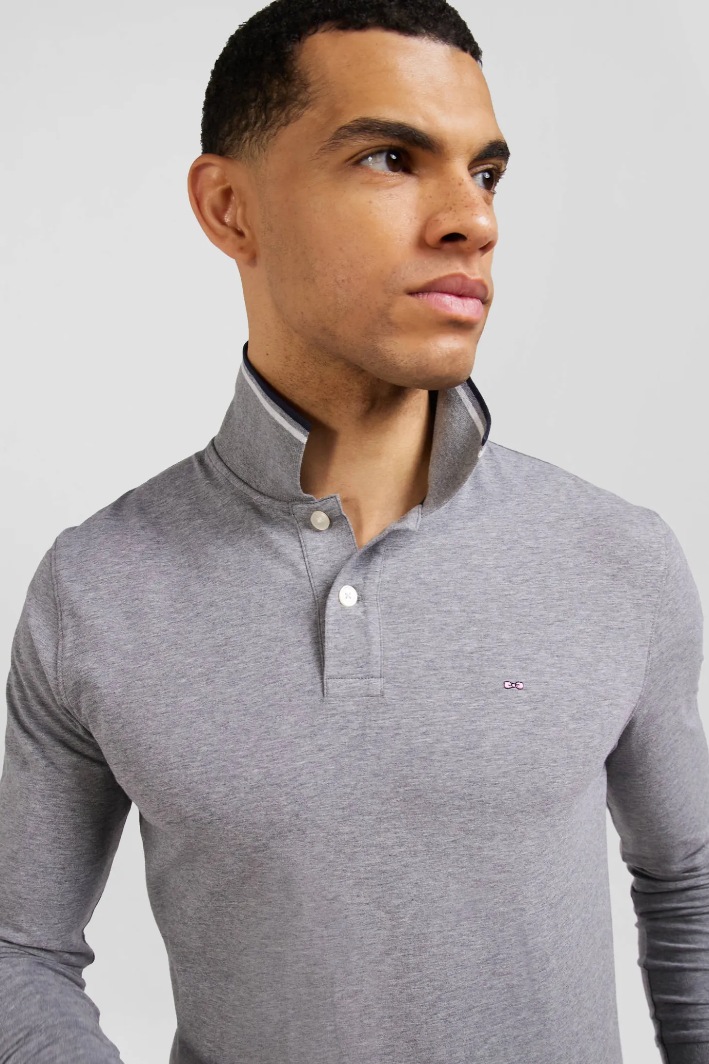 Slim grey long-sleeved stretch cotton polo shirt with striped finishes