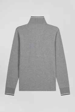 Slim grey long-sleeved stretch cotton polo shirt with striped finishes