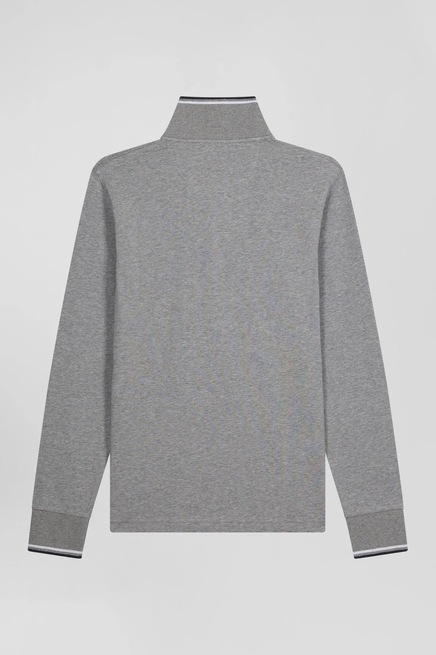 Slim grey long-sleeved stretch cotton polo shirt with striped finishes