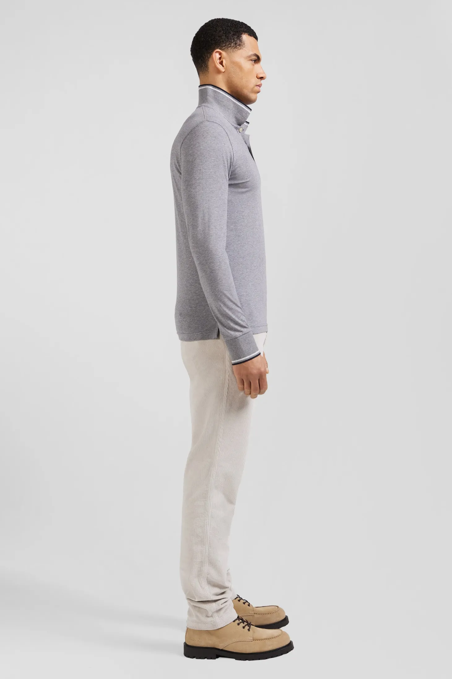 Slim grey long-sleeved stretch cotton polo shirt with striped finishes