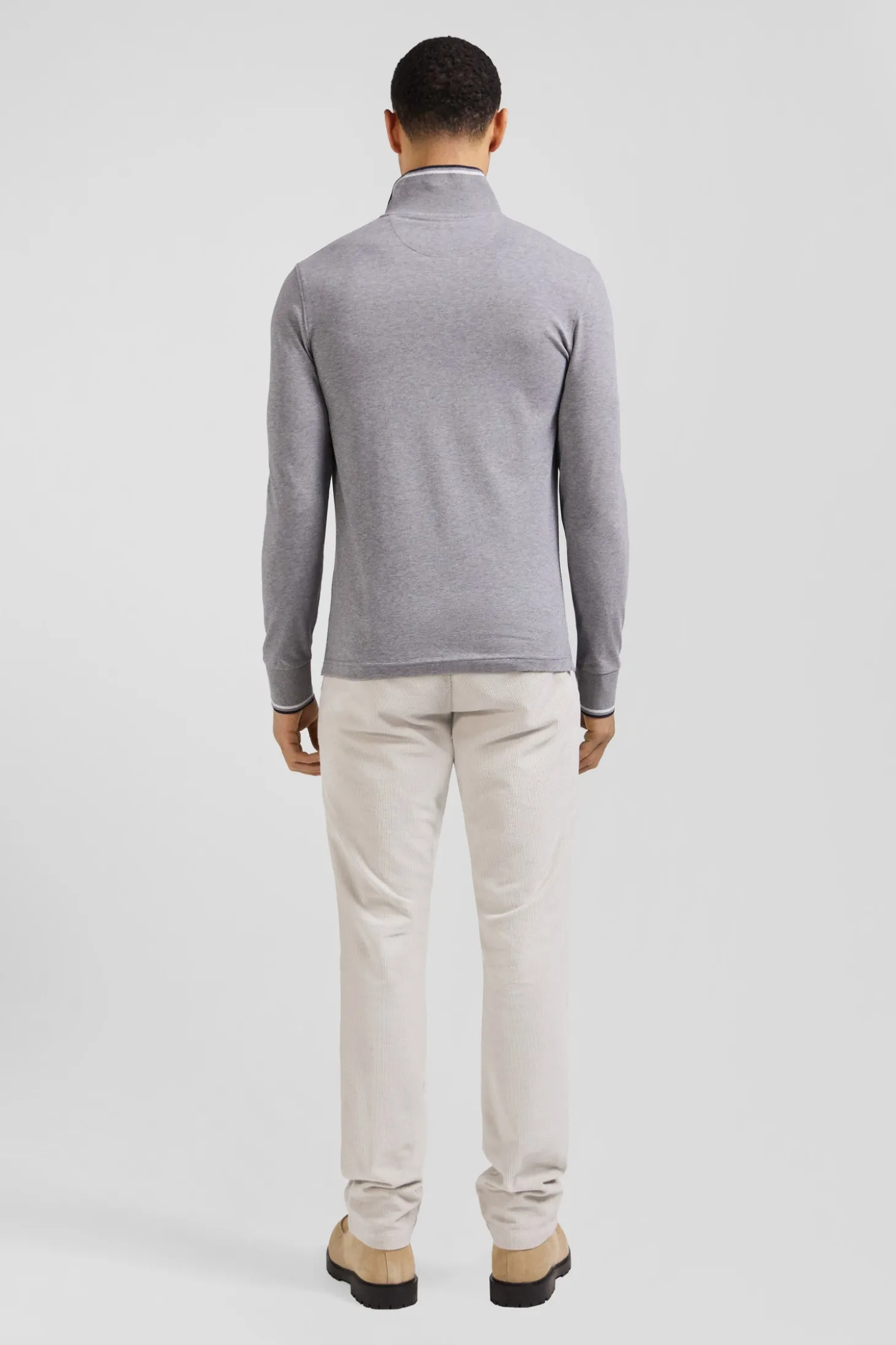 Slim grey long-sleeved stretch cotton polo shirt with striped finishes