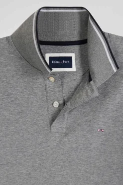 Slim grey long-sleeved stretch cotton polo shirt with striped finishes