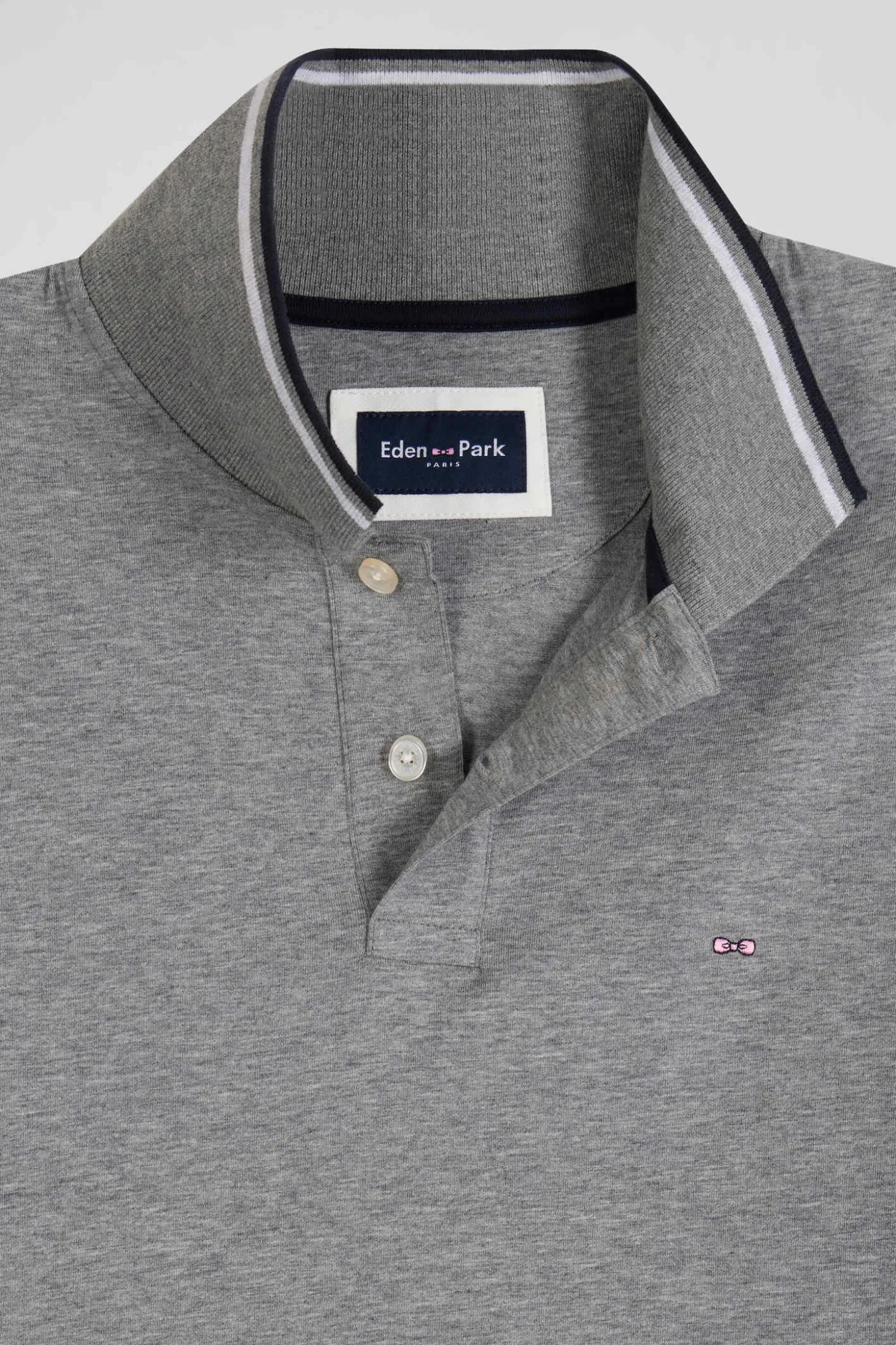 Slim grey long-sleeved stretch cotton polo shirt with striped finishes