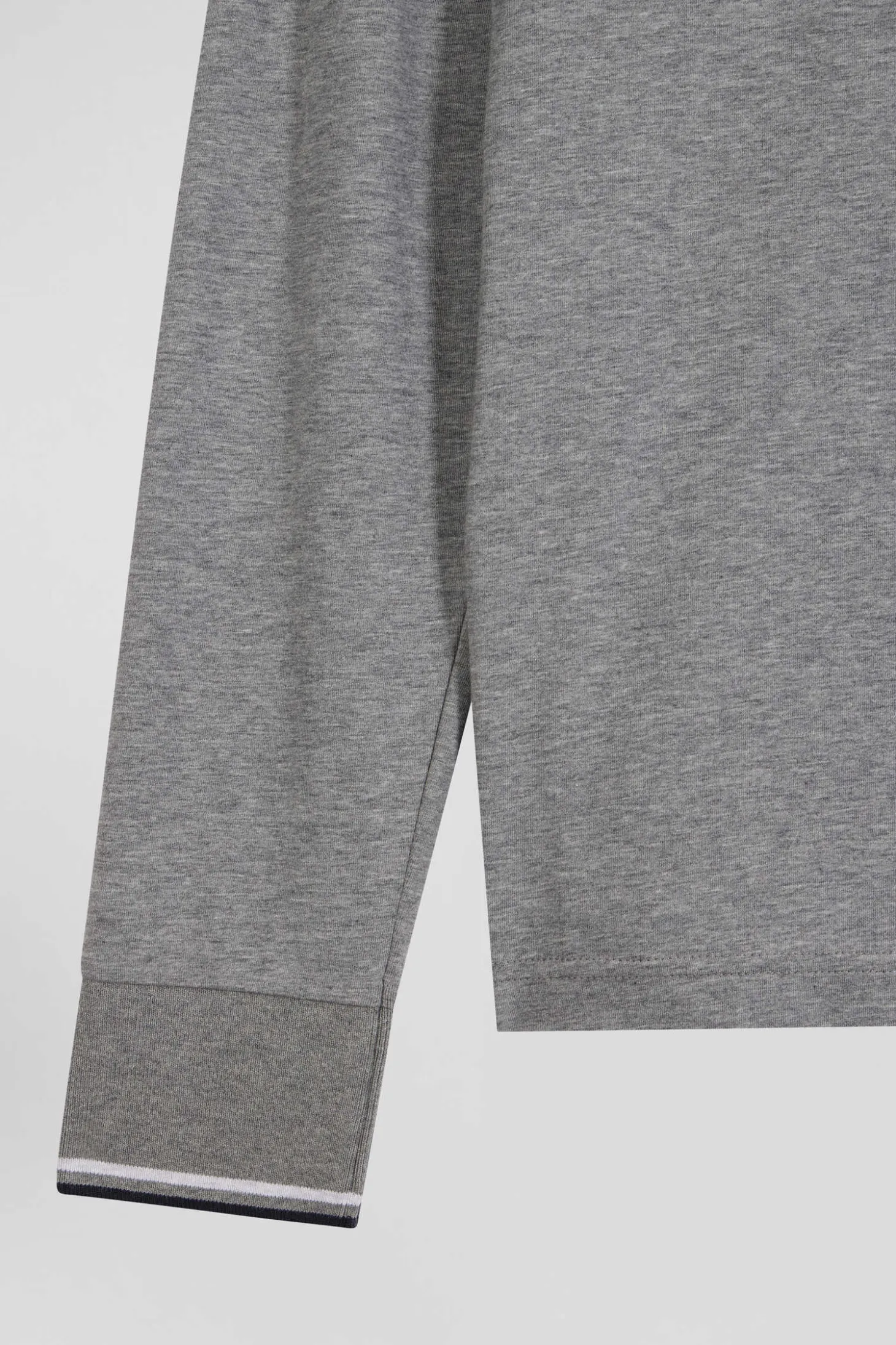 Slim grey long-sleeved stretch cotton polo shirt with striped finishes