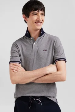 Slim grey short-sleeved stretch cotton polo shirt with Eden Park jacquard collar
