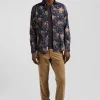 Slim navy blue floral print cotton flannel shirt