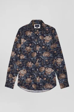 Slim navy blue floral print cotton flannel shirt