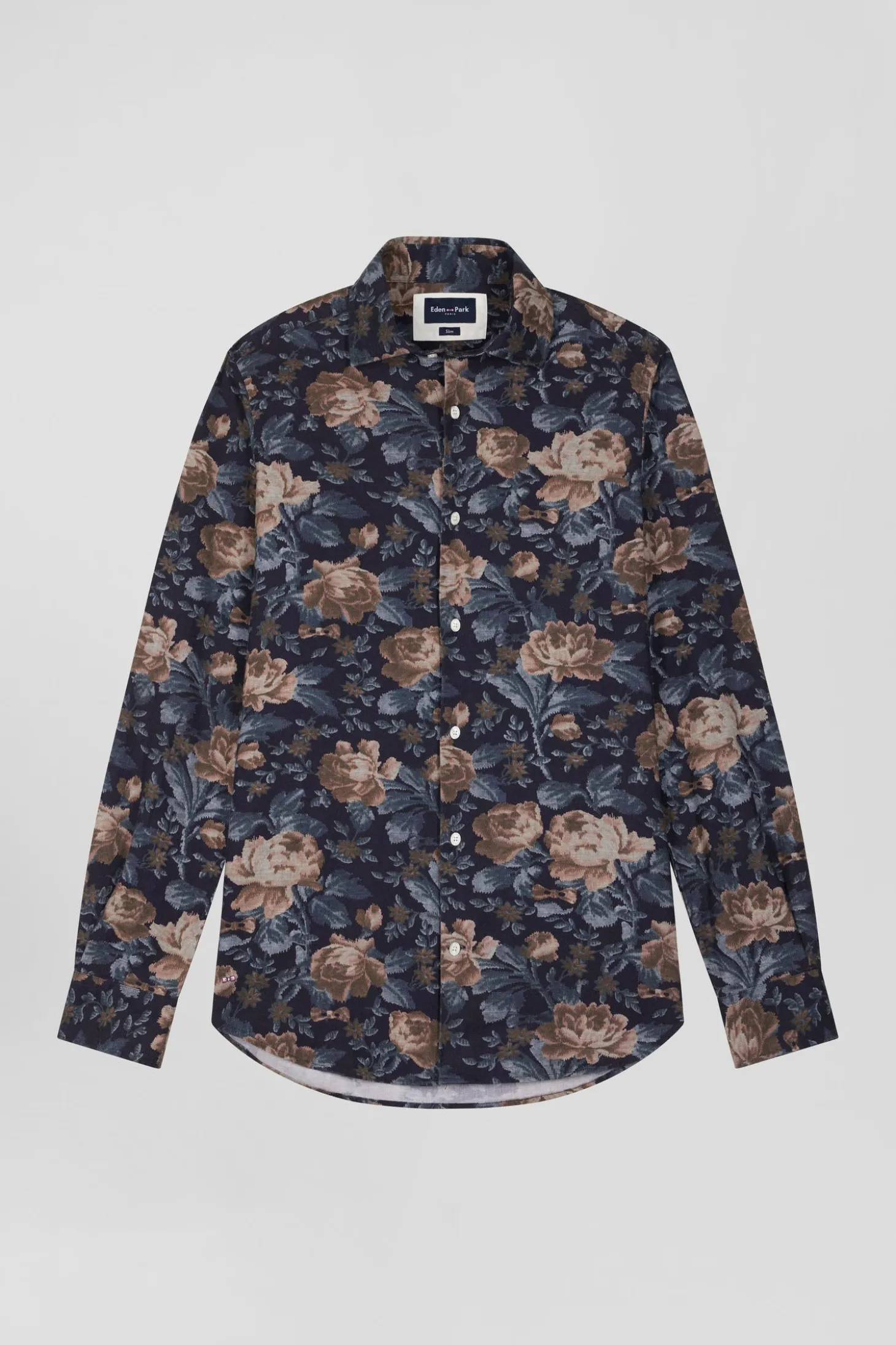 Slim navy blue floral print cotton flannel shirt