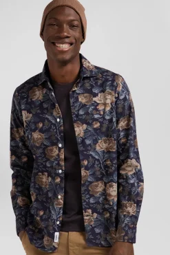 Slim navy blue floral print cotton flannel shirt