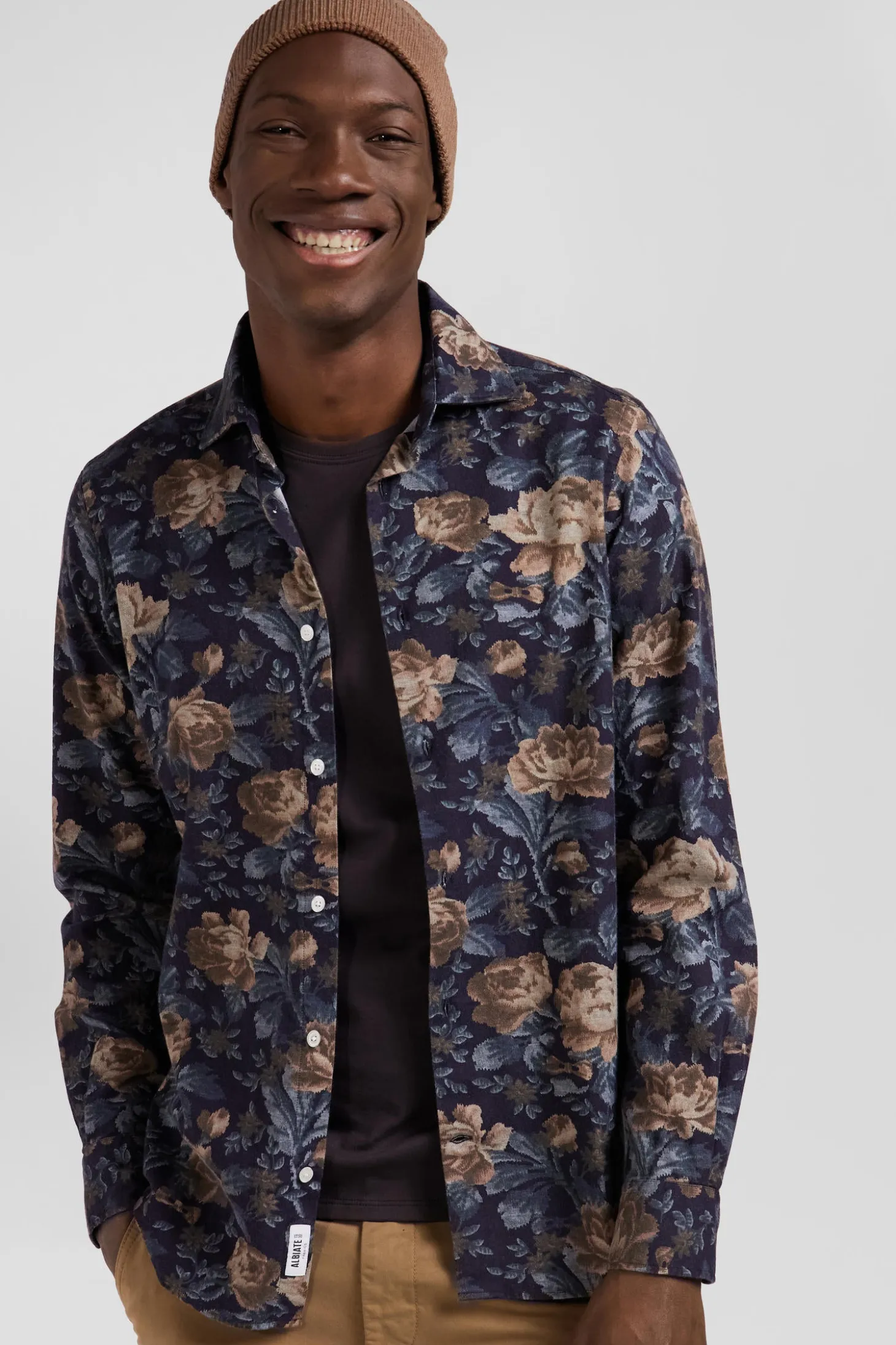 Slim navy blue floral print cotton flannel shirt
