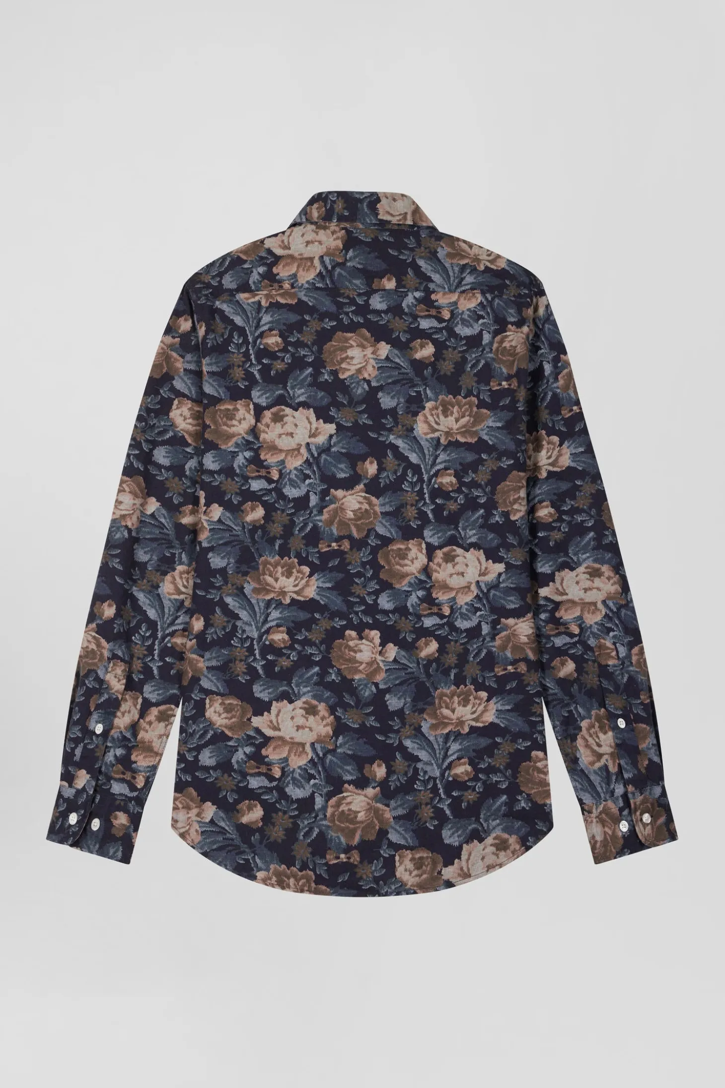 Slim navy blue floral print cotton flannel shirt