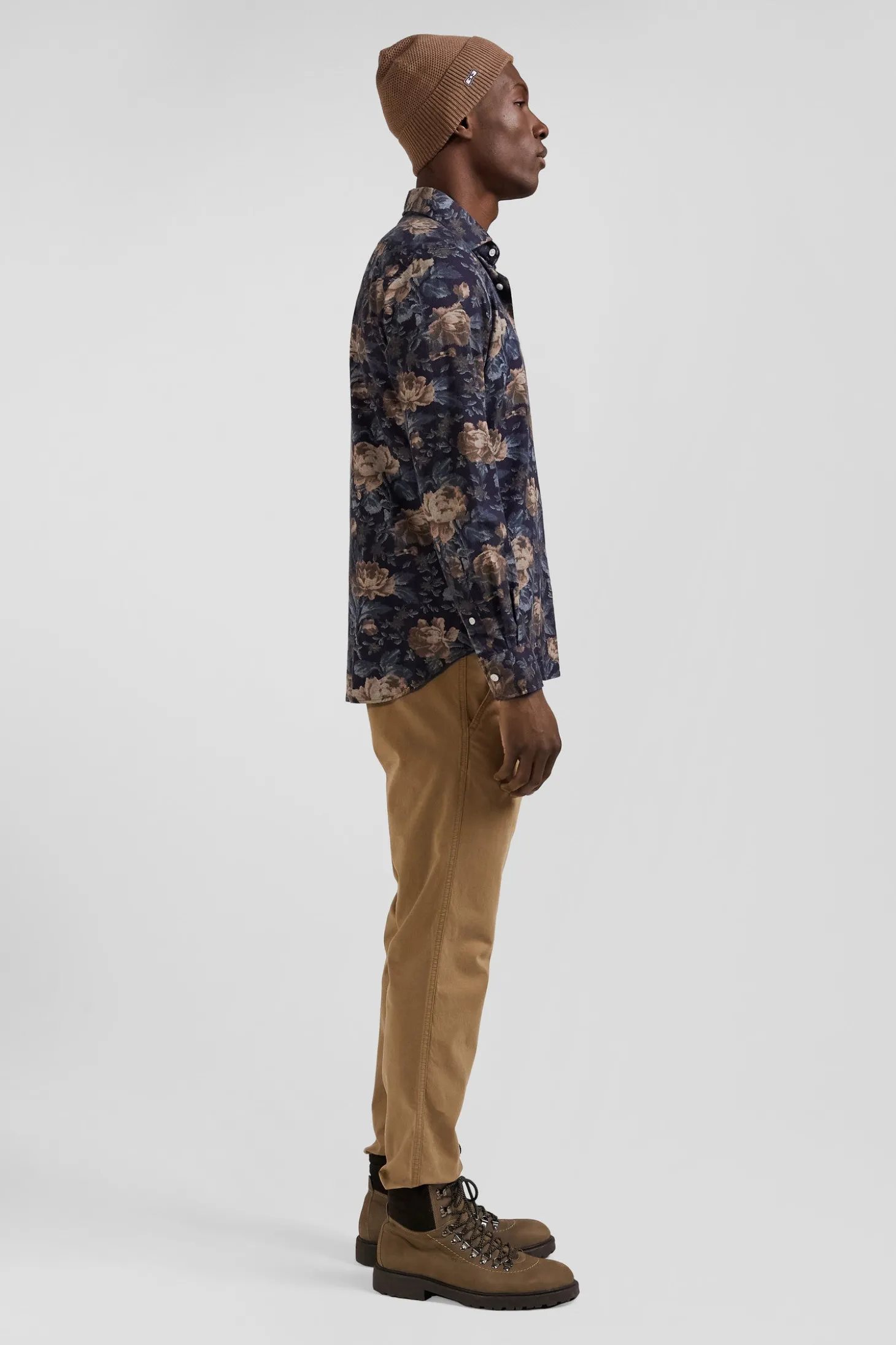 Slim navy blue floral print cotton flannel shirt