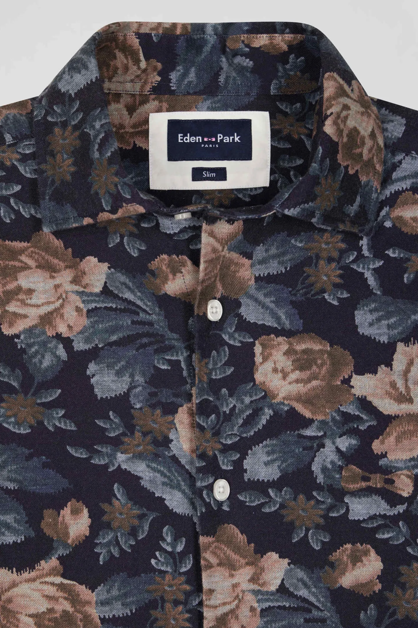Slim navy blue floral print cotton flannel shirt