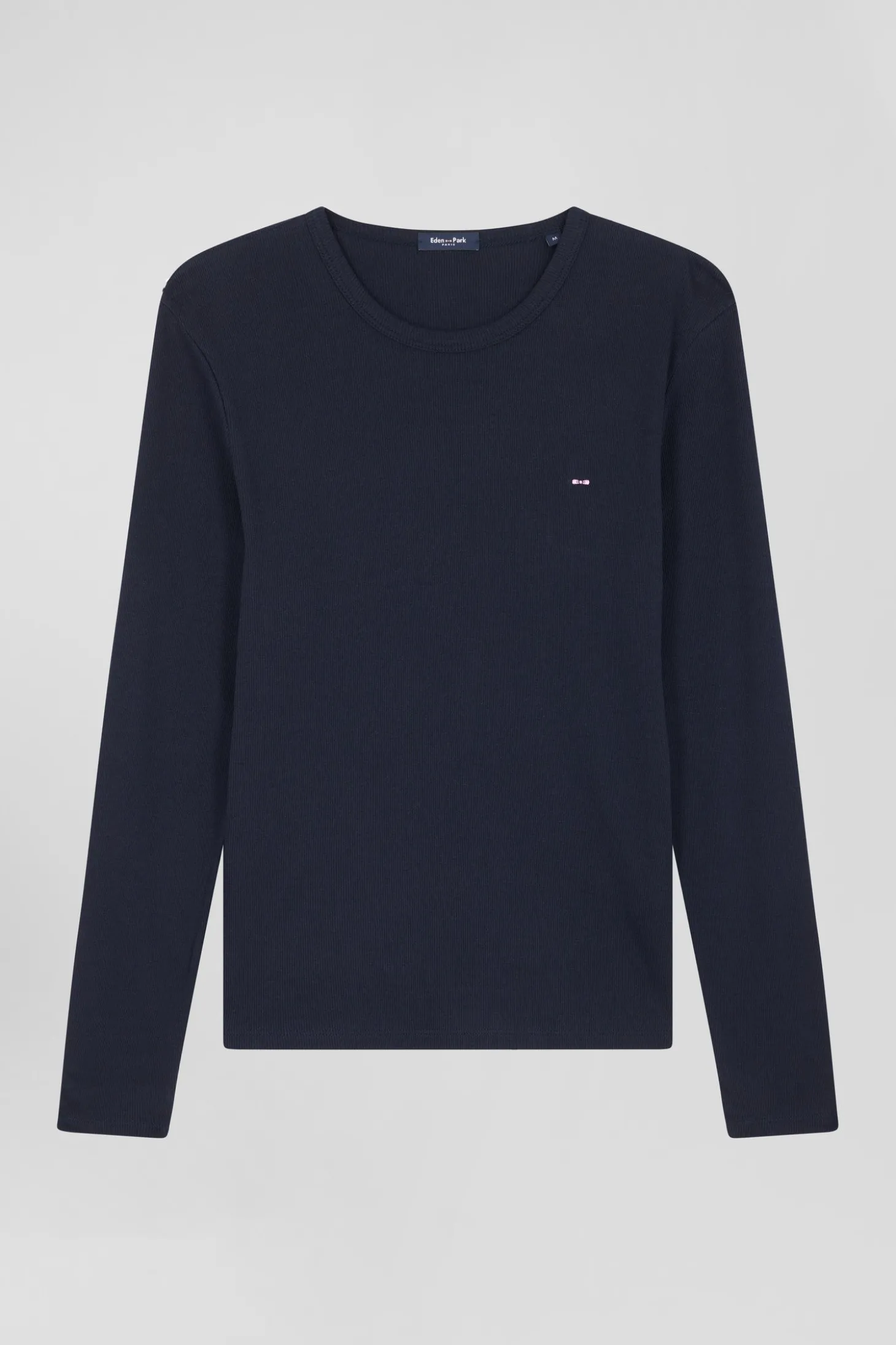 Slim navy blue long-sleeved round neck cotton T-shirt