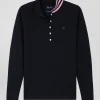 Slim navy blue long-sleeved stretch cotton polo shirt with striped collar