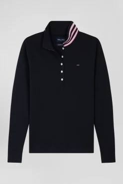 Slim navy blue long-sleeved stretch cotton polo shirt with striped collar