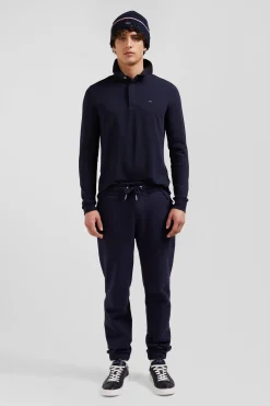 Slim navy blue long-sleeved cotton piqué polo shirt