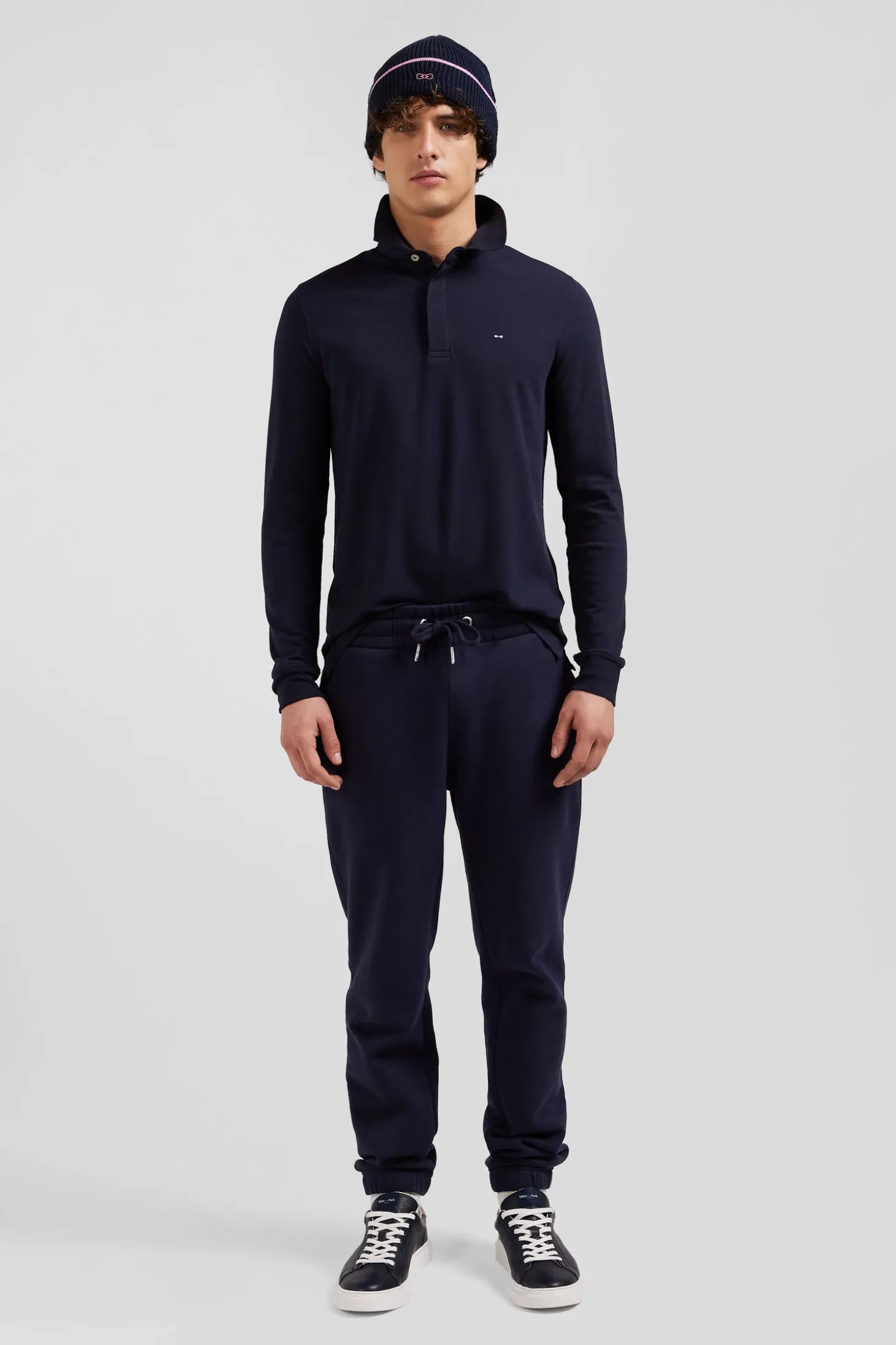 Slim navy blue long-sleeved cotton piqué polo shirt
