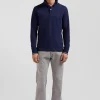 Slim navy blue long-sleeved stretch cotton polo shirt with striped finishes