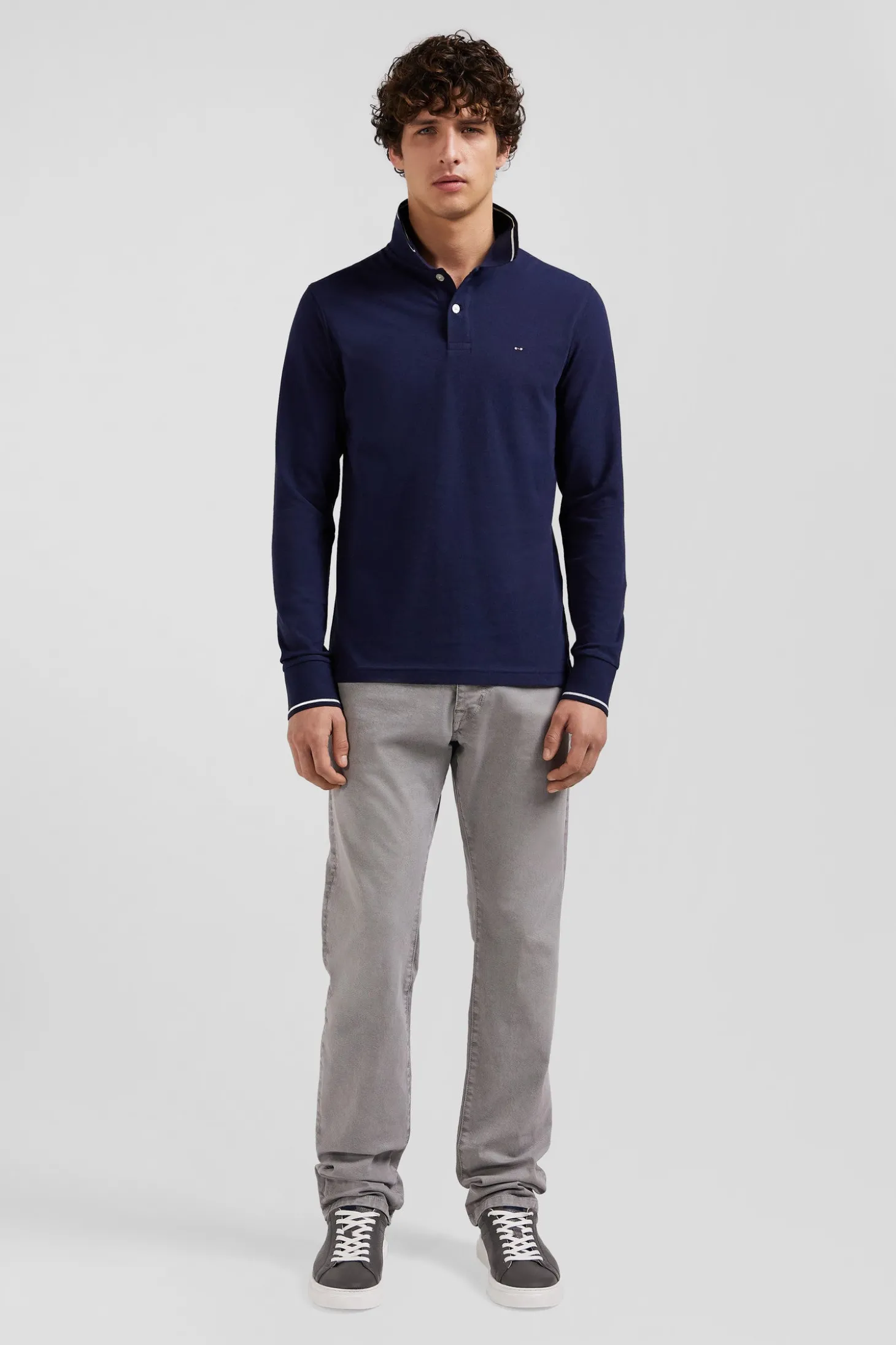 Slim navy blue long-sleeved stretch cotton polo shirt with striped finishes