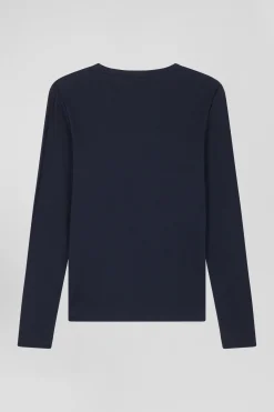 Slim navy blue long-sleeved round neck cotton T-shirt