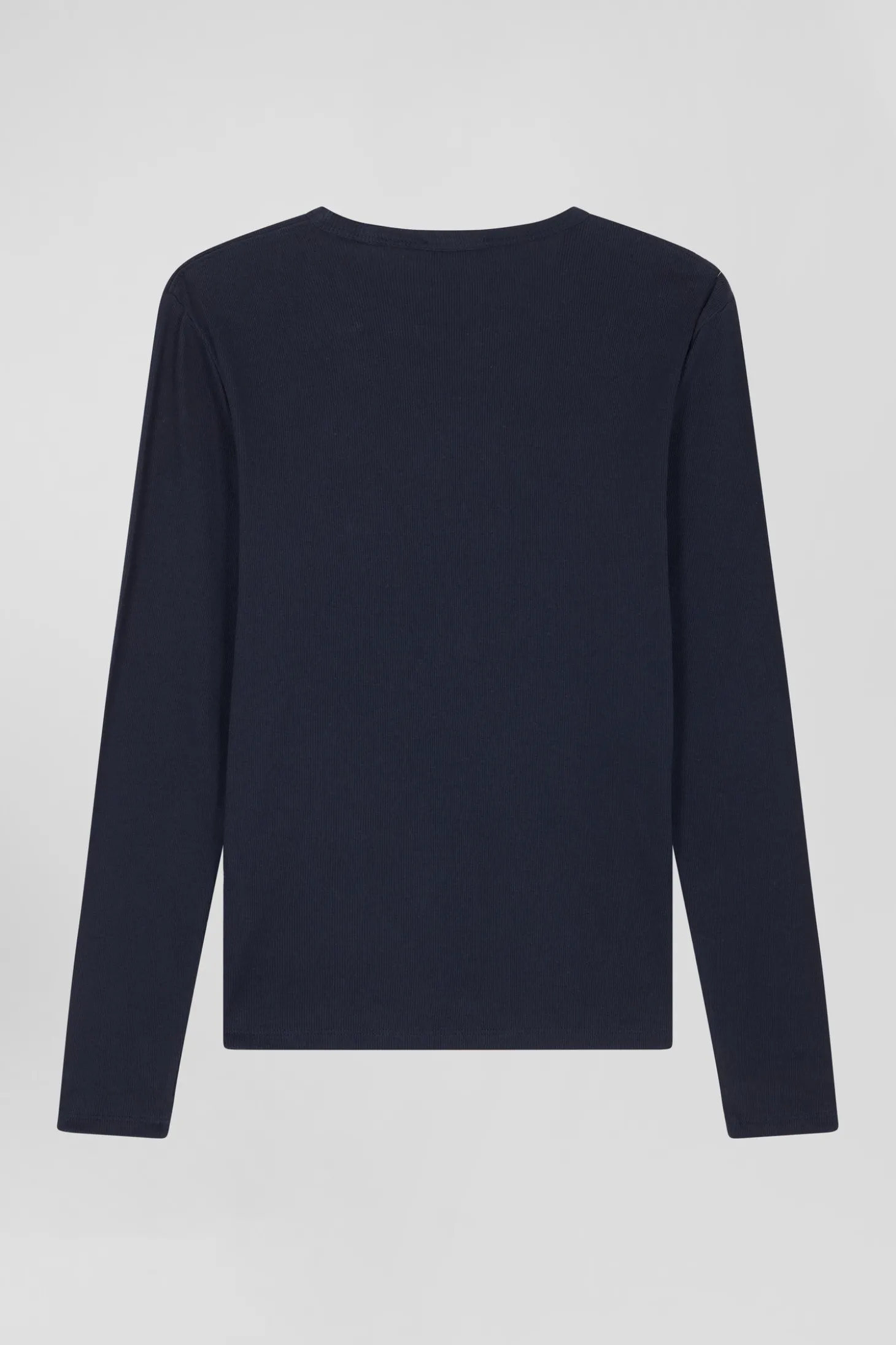 Slim navy blue long-sleeved round neck cotton T-shirt