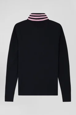 Slim navy blue long-sleeved stretch cotton polo shirt with striped collar